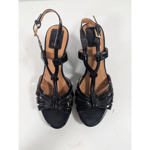 Clarks Bendables Wedge Heel 7.5 M‎ Fiddle Scroll T~Strap Black Leather - Picture 3 of 10